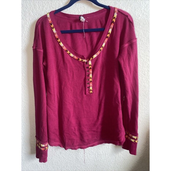 Free People Rainbow Thermal Henley Aztec Shirt L Pink Western boho hippie - Picture 1 of 10